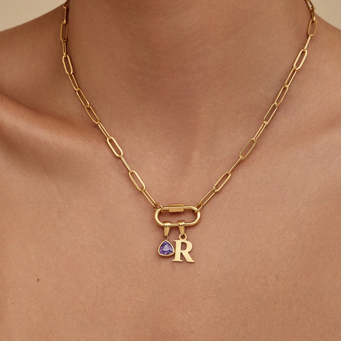 Charm Lock Necklace with Initial & Birthstone